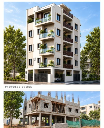 Atul Residency ongoing residential construction project in Bengaluru by Brightline Design, showing 3D elevation and under-construction site