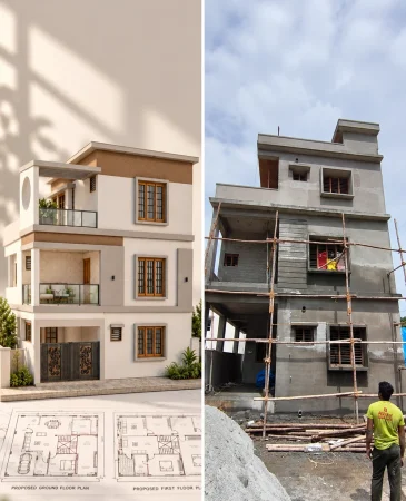 3D elevation design beside the under-construction Kavya house, showing the design and real site progress by Brightline Design.