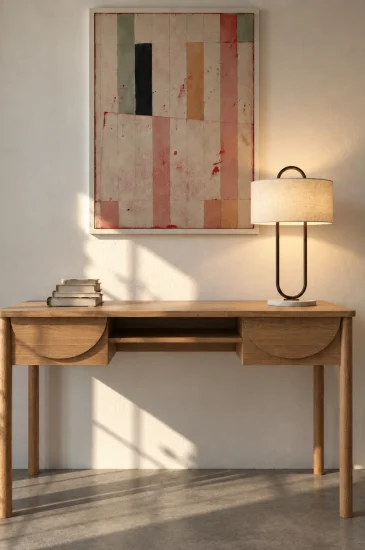 Wooden console table in the Sanjay Singh project in Bengaluru, styled with a table lamp and artwork above it.