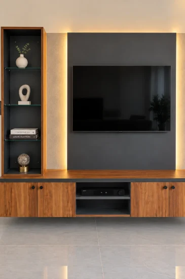 Completed TV unit design in Bengaluru for the Sanjay Singh project, with a dark feature panel, lit display shelves and a floating wood finish cabinet.