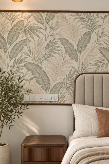 Completed bedroom feature wall design in Bengaluru for the Sanjay Singh project, with botanical wallpaper, an upholstered headboard and a bedside table.
