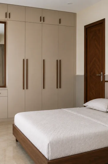 Completed bedroom interior design in Bengaluru for the Sanjay Singh project, with a bed, upholstered headboard, full-height wardrobe and dressing mirror.