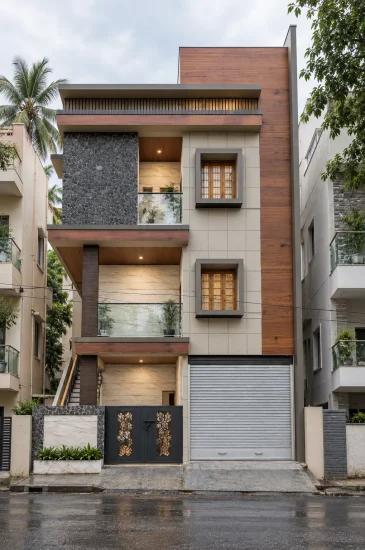 Front view of the Krishnamurthy residence in Makali, Bangalore, a turnkey house construction project by Brightline Design.
