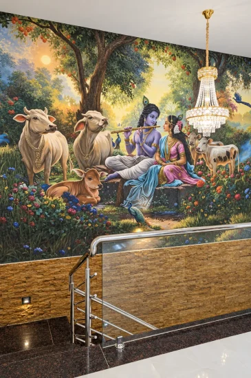 Krishna-themed wall mural design beside the staircase at the Krishnamurthy residence in Makali, Bangalore.