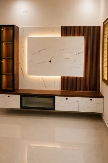Completed living room TV unit design in Bengaluru for the Laxman project, with a backlit marble-look panel, wood slats and storage cabinets.