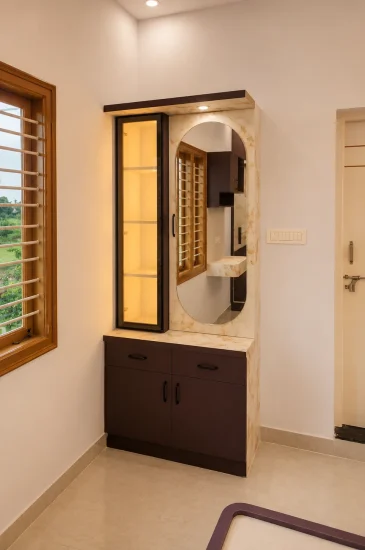 Dressing unit with a mirror, side shelves, and a lower storage cabinet at the Laxman residence in Rahuthnalli, Bangalore.