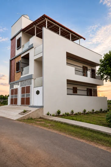 Angled view of the Laxman residence in Rahuthnalli, Bangalore, showing its white exterior and balconies.
