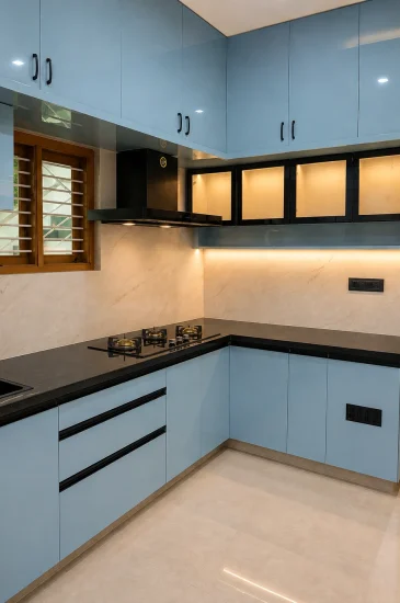 Modern modular kitchen at the Laxman project in Rahuthnalli, Bangalore, with blue-grey cabinets, glass-front upper cabinets, and under-cabinet lighting.