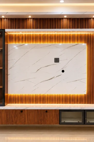 Completed first floor TV unit design in Bengaluru for the Laxman project, with a backlit marble-look panel, wood finish, display shelves and floating storage.