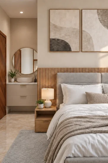 Bedroom interior design for the Manjunanth project, featuring an upholstered bed, wood-finish headboard and bedside lighting.