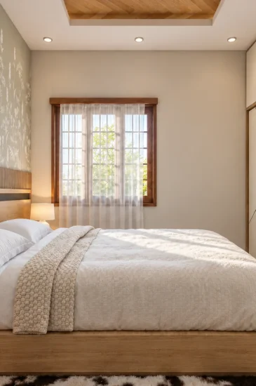 Bedroom wardrobe design for the Manjunanth project, with full-height white cabinets, a wood-panel headboard and a textured wall.