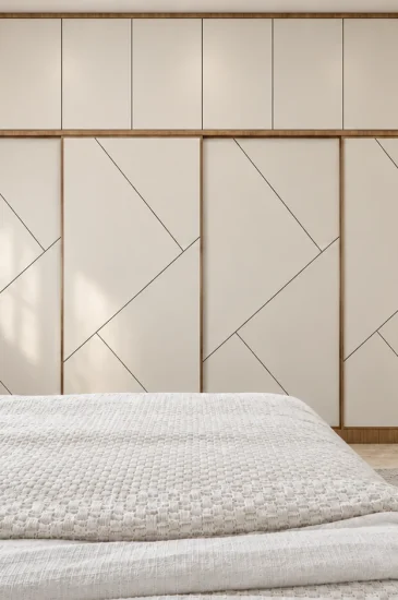 Modern wardrobe design for the Manjunanth bedroom, with full-height white cabinet doors, geometric detailing and overhead storage.