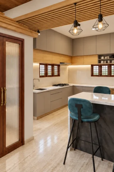 Modern kitchen interior design for the Manjunanth project, featuring an L-shaped kitchen, breakfast counter and teal bar stools