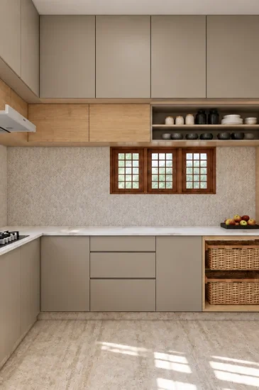 L-shaped modular kitchen design for the Manjunanth project, with light-coloured cabinets, white countertops and a glass-front display cabinet